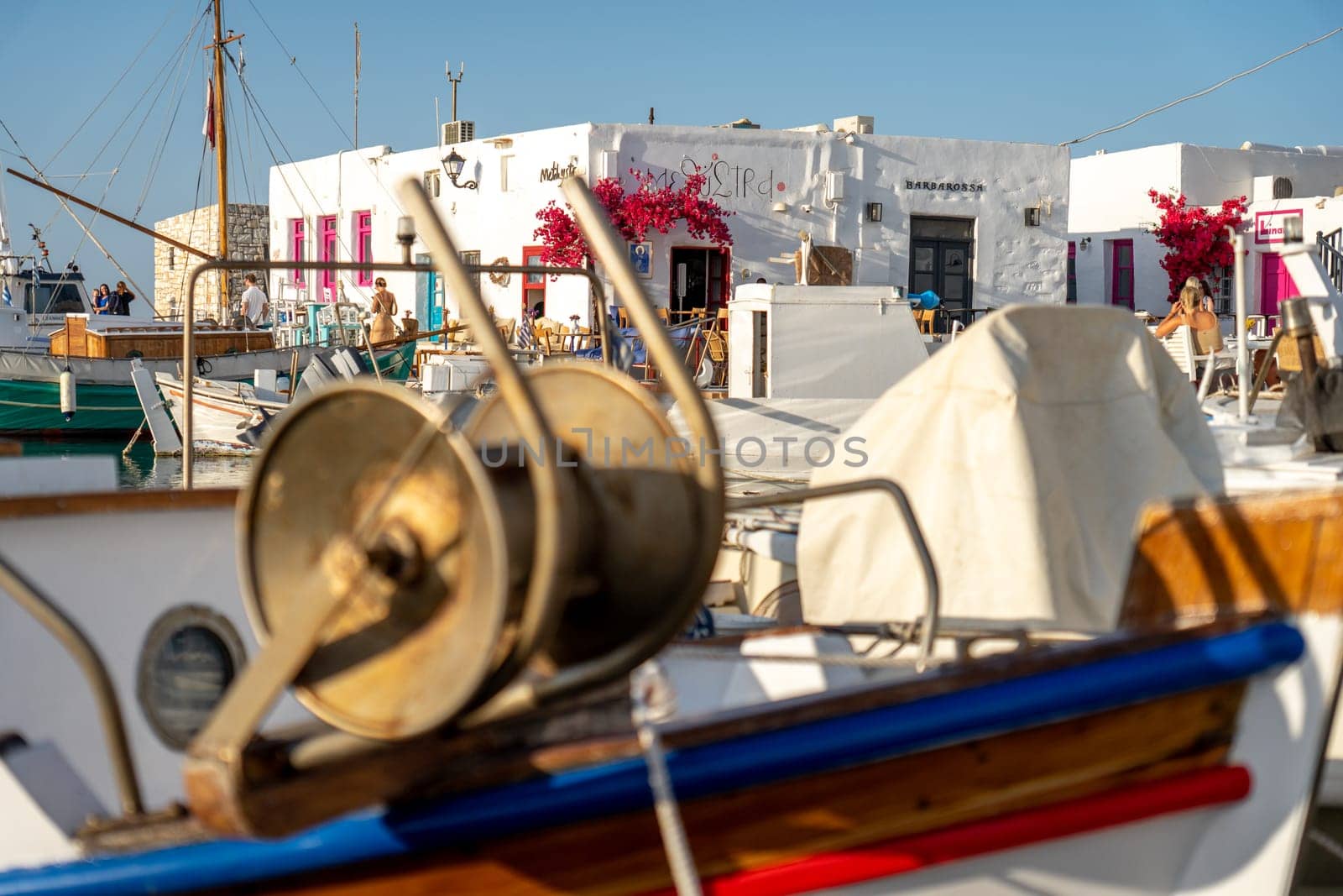 Boat moored in the port of Naoussa, Paros