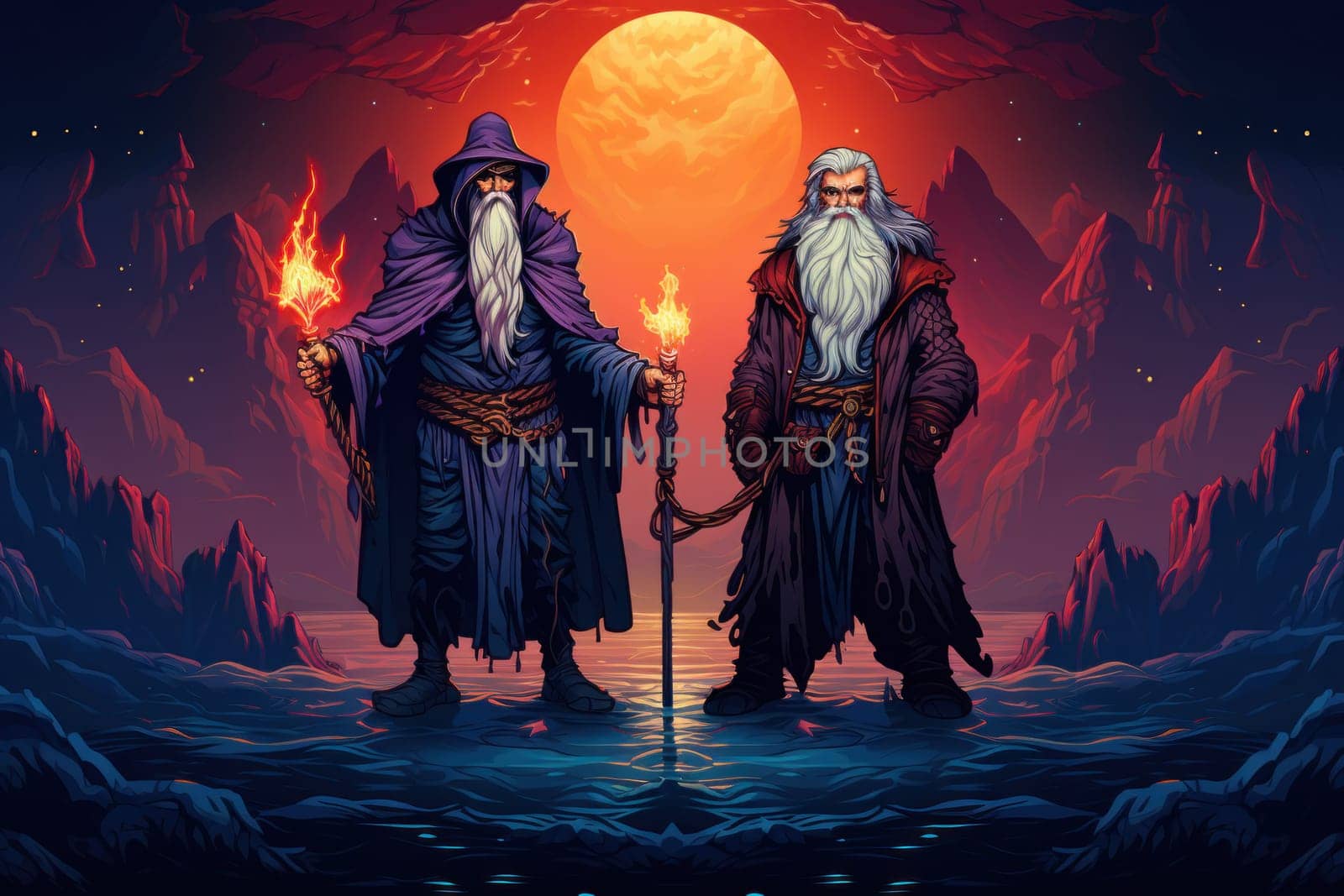 A mesmerizing portrayal of venerable and formidable wizards, exuding wisdom as they masterfully cast intricate arcane spells, wielding ancient staffs adorned with mystic runes.
