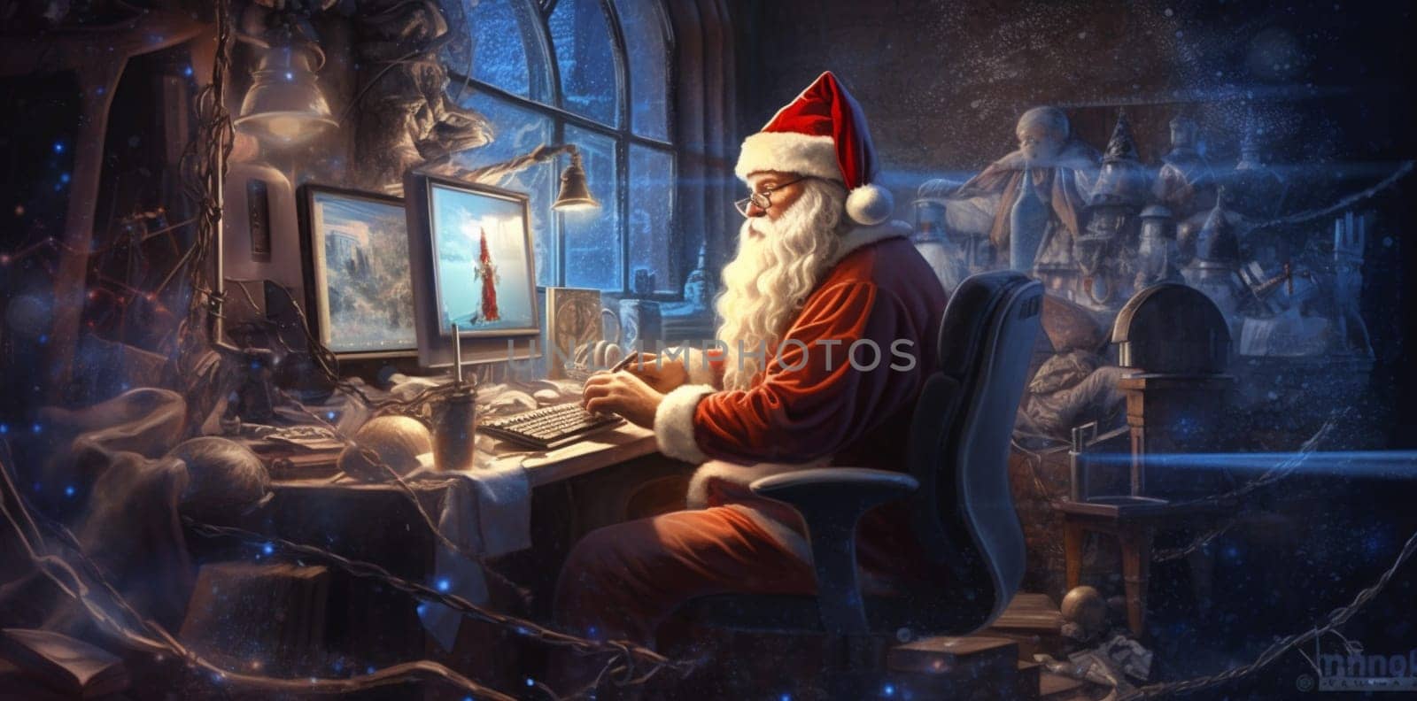 holiday greeting computer interior house quarantine cartoon new season happy laptop santa family merry communication home illustration christmas celebration character. Generative AI.