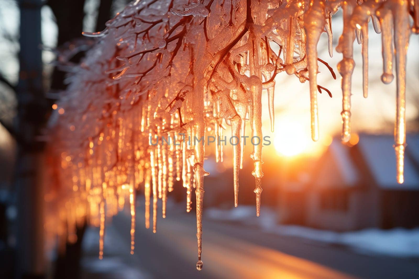 A remarkable portrayal of winter's allure, focusing on the glistening, see-through charm of icicles suspended from rooftops and tree limbs, showcasing their sparkling and crystalline elegance.