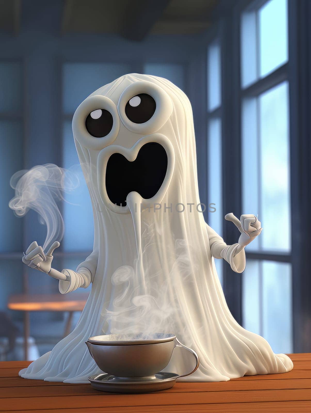 Cartoon ghost white sheet with smoking incense indoor by the window, Halloween concept, AI