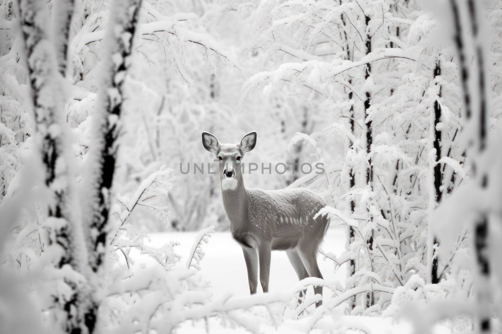 An enchanting winter tableau, showcasing the grace and resilience of wildlife, including deer, birds, and squirrels, in their natural habitats during the frosty season.