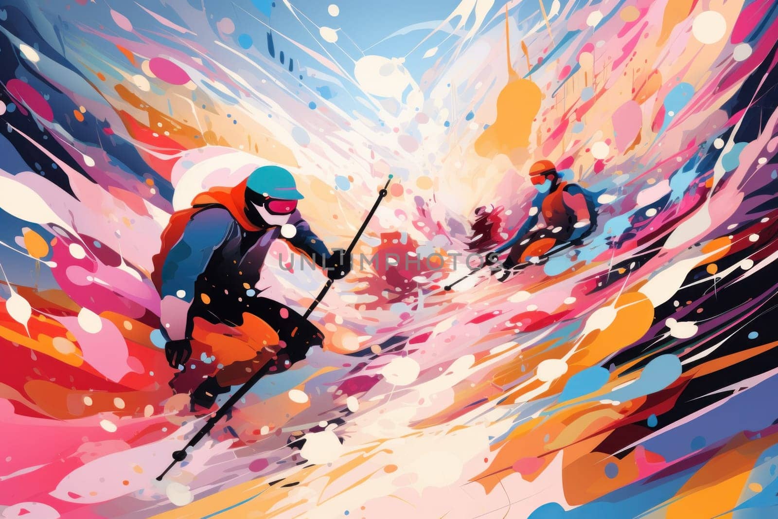 A dynamic portrayal of the exhilarating winter season, featuring individuals engaged in a range of invigorating activities such as skiing, snowboarding, and ice skating.