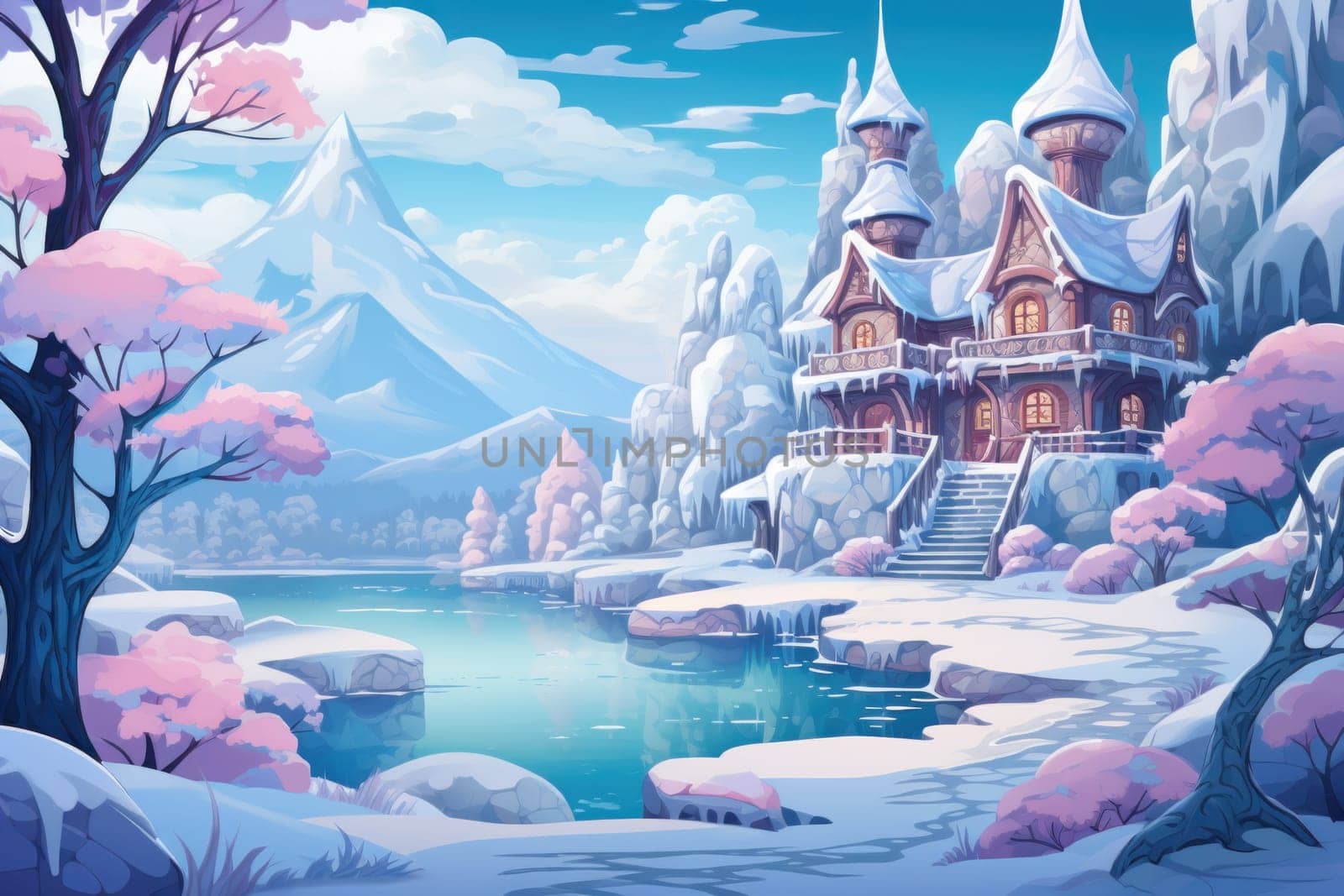 A captivating artistic portrayal of the enchanting winter season, where landscapes are magically transformed into a wonderland adorned with shimmering snow and sparkling icicles.