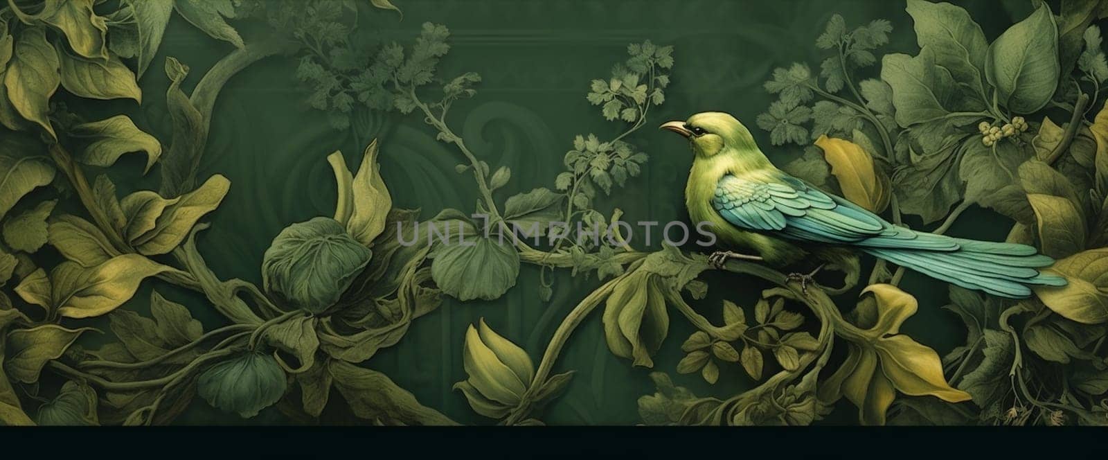 palm green art print leaf flower garden tropical exotic paradise jungle illustration wallpaper floral background seamless plant bird design nature. Generative AI.