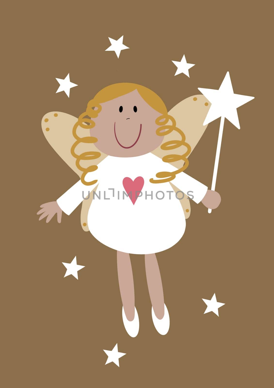 Cute fairy illustration in a quirky cartoon style. This rustic folk art fairy  is surrounded by sparkling stars. She has a magic wand and a heart motif on her dress. A perfect Christmas tree topper or birthday fairy design.