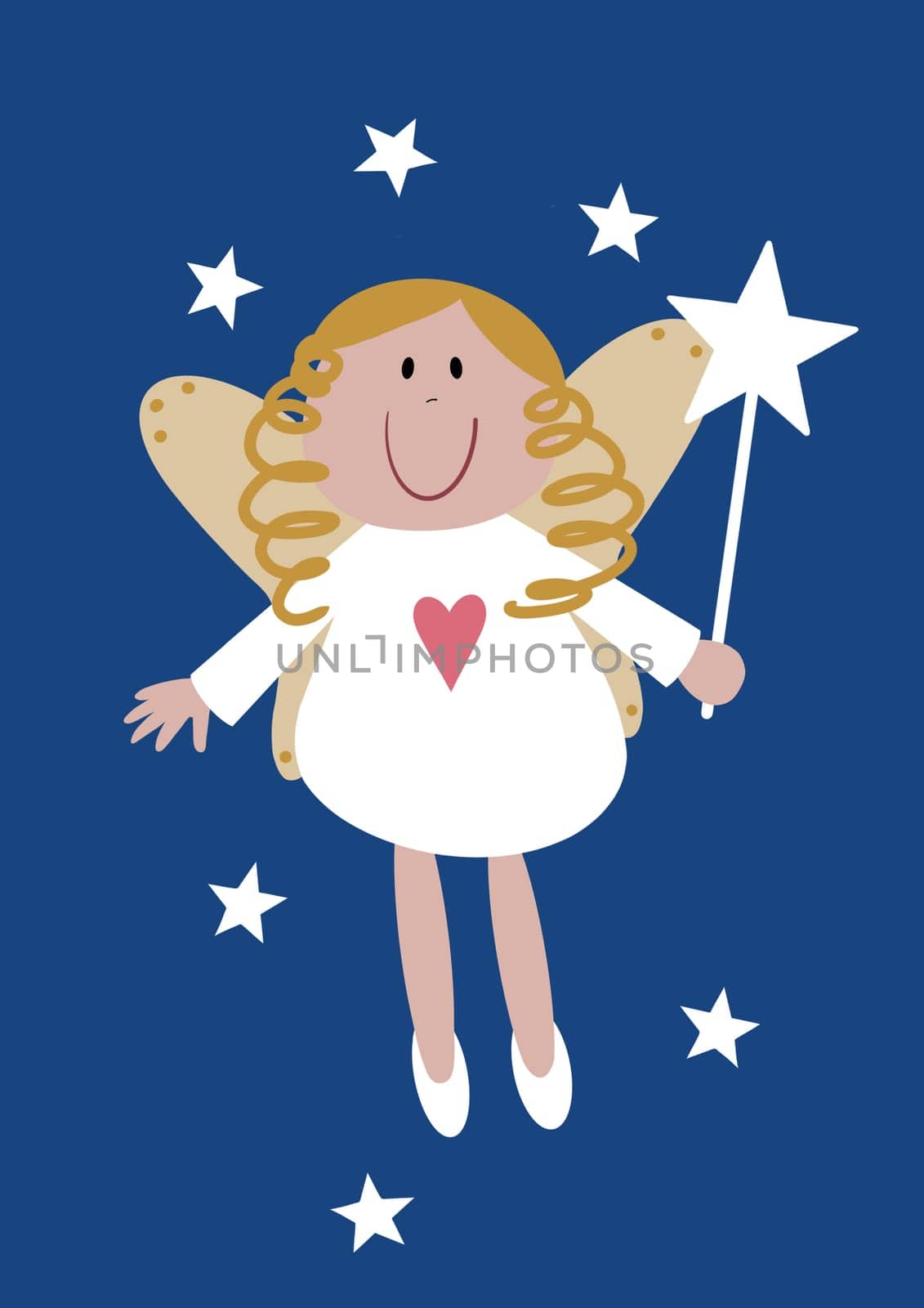 Cute fairy illustration in a quirky cartoon style. This rustic folk art fairy is surrounded by sparkling stars. She has a magic wand and a heart motif on her dress. A perfect Christmas tree topper or birthday fairy design.