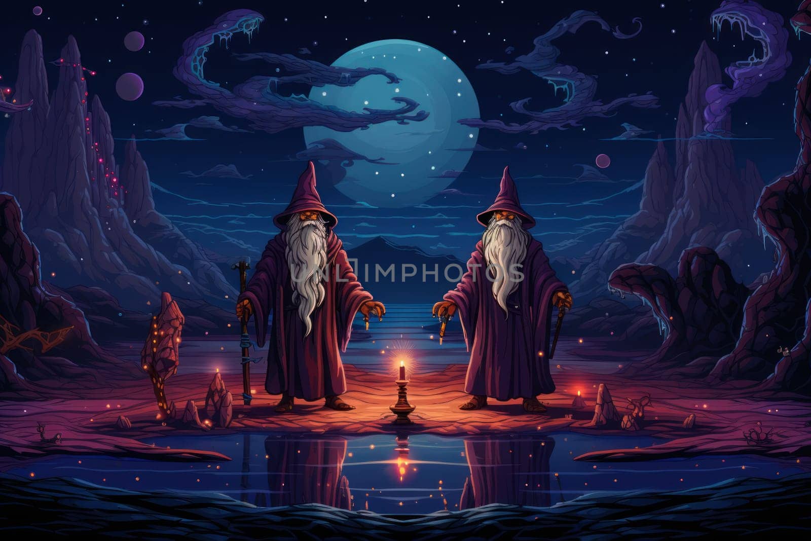 A mesmerizing portrayal of venerable and formidable wizards, exuding wisdom as they masterfully cast intricate arcane spells, wielding ancient staffs adorned with mystic runes.