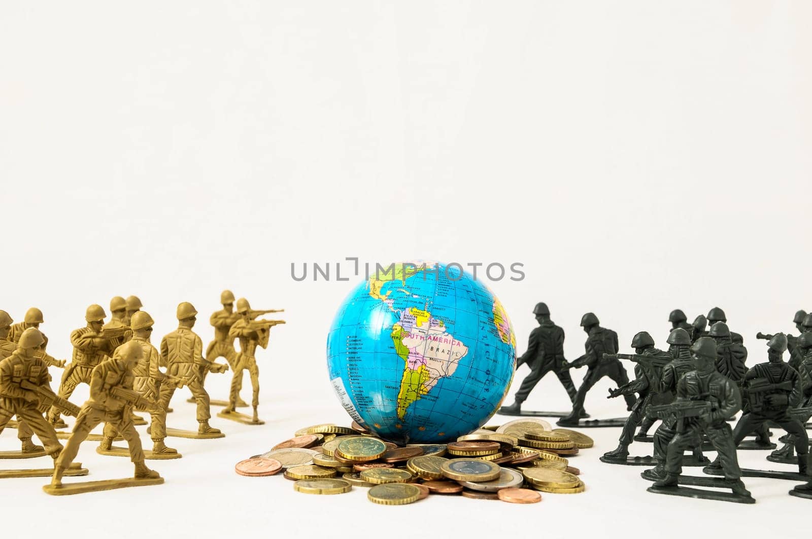 Plastic Lead Soldiers Representing War on a White Background