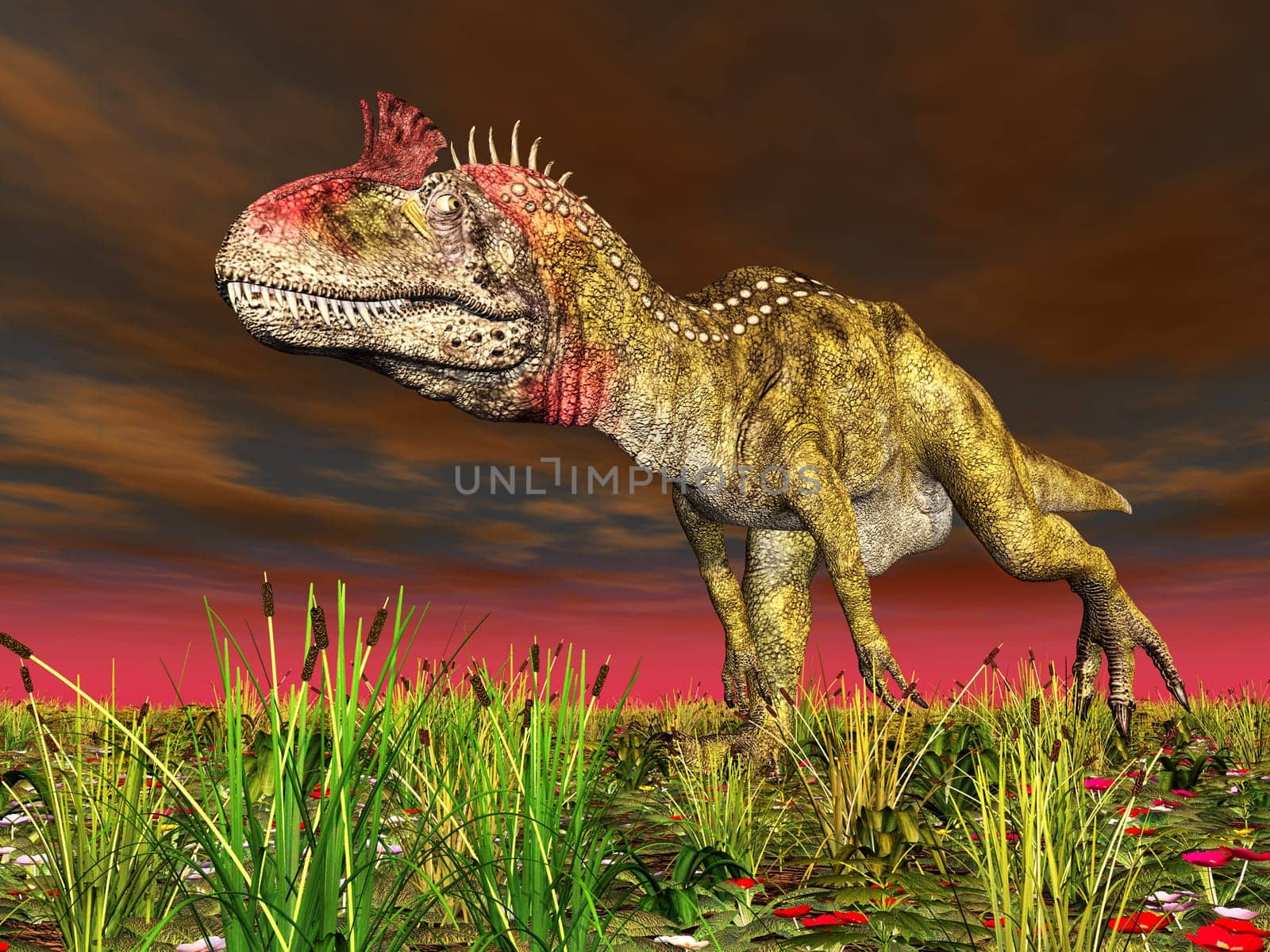 Computer-generated 3D illustration with the dinosaur Cryolophosaurus