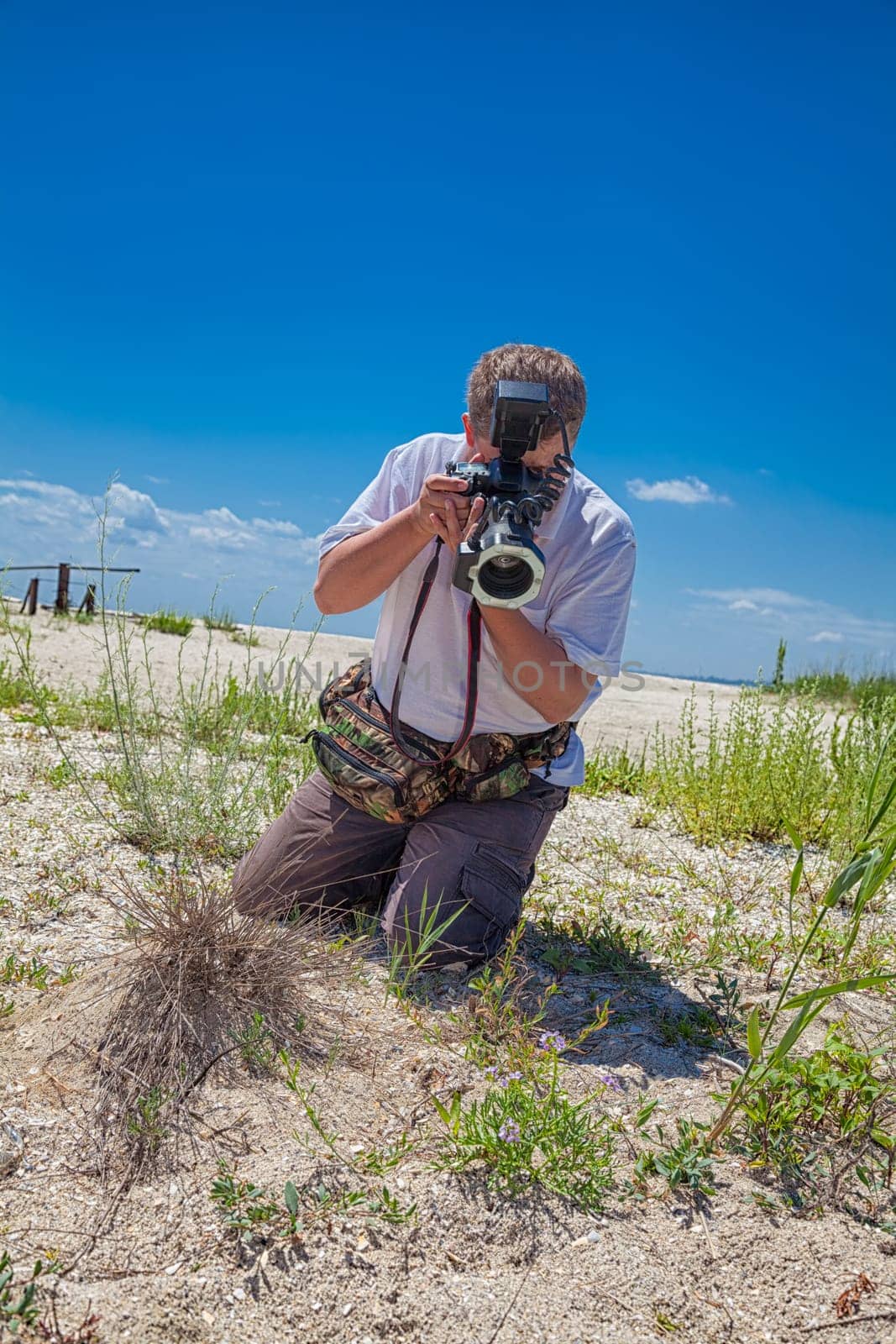 Biologist photographing plants in the sand dunes of Vadu beach, Romania.