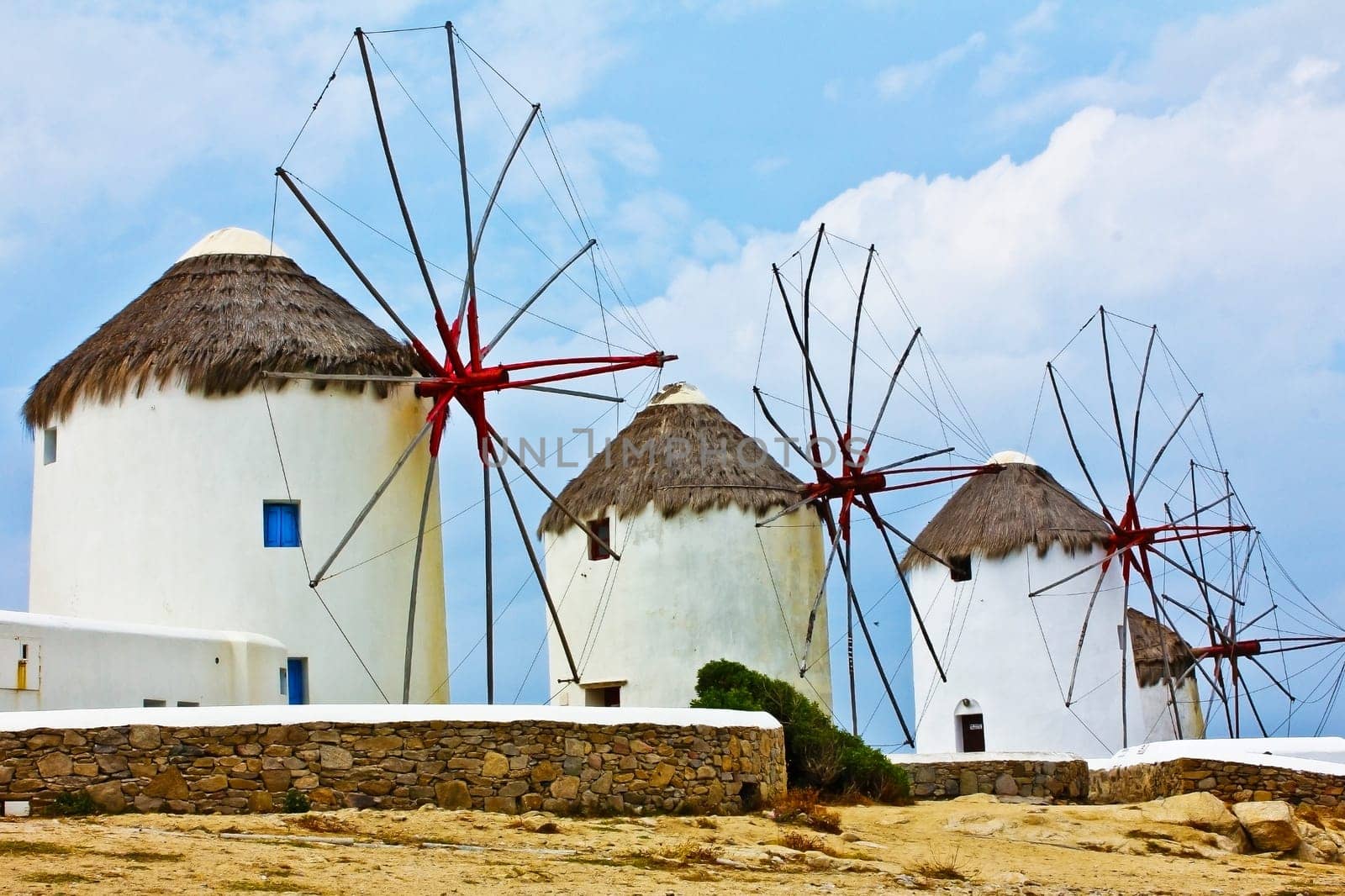 A closeup picture of the famous windmills of the island of Mykonos Greek..