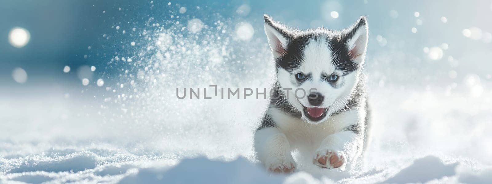 Siberian Husky puppy jumping and running in the snow in a winter field, Generative AI, animals