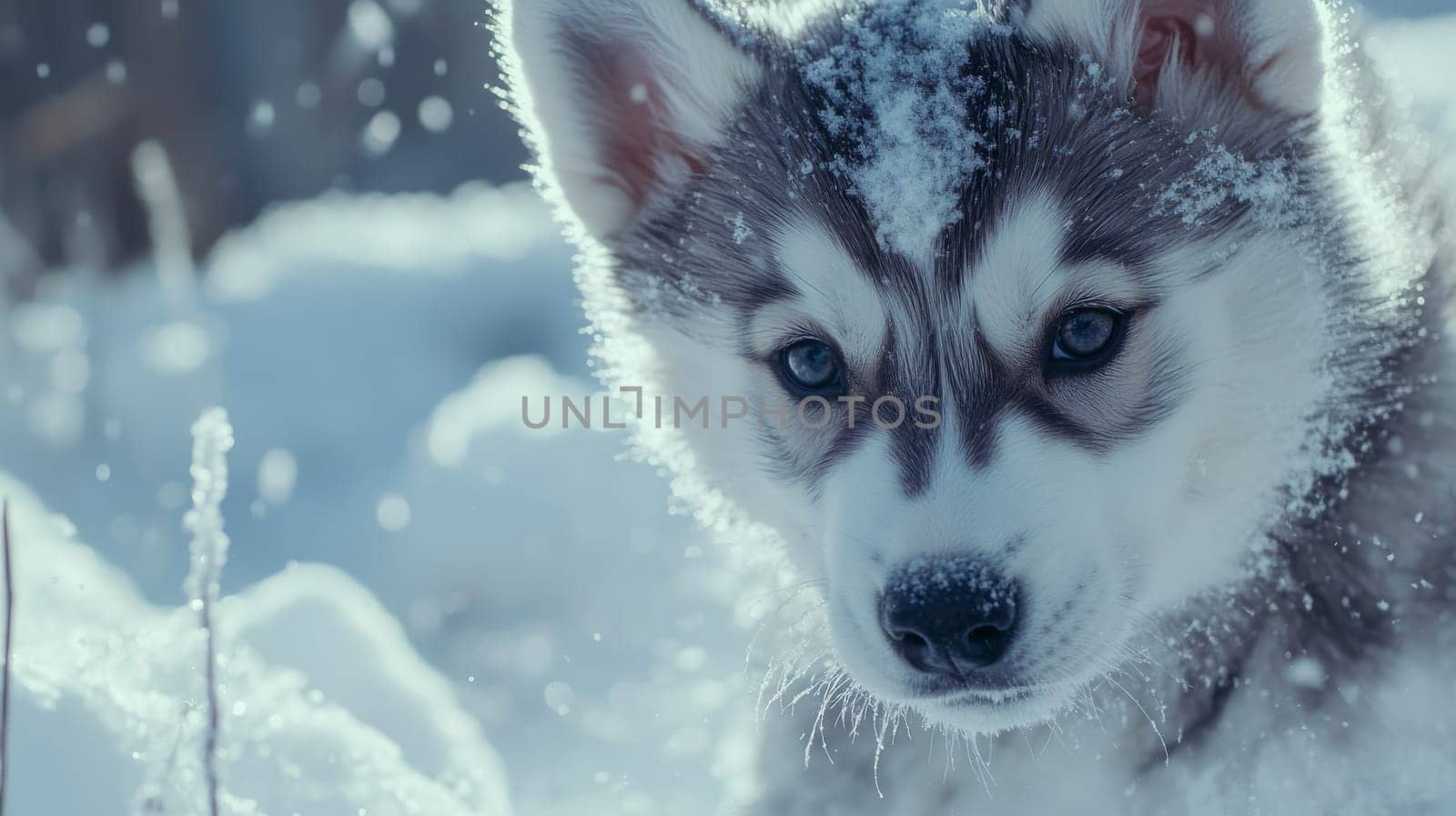 Siberian Husky puppy jumping and running in the snow in a winter field, Generative AI, animals
