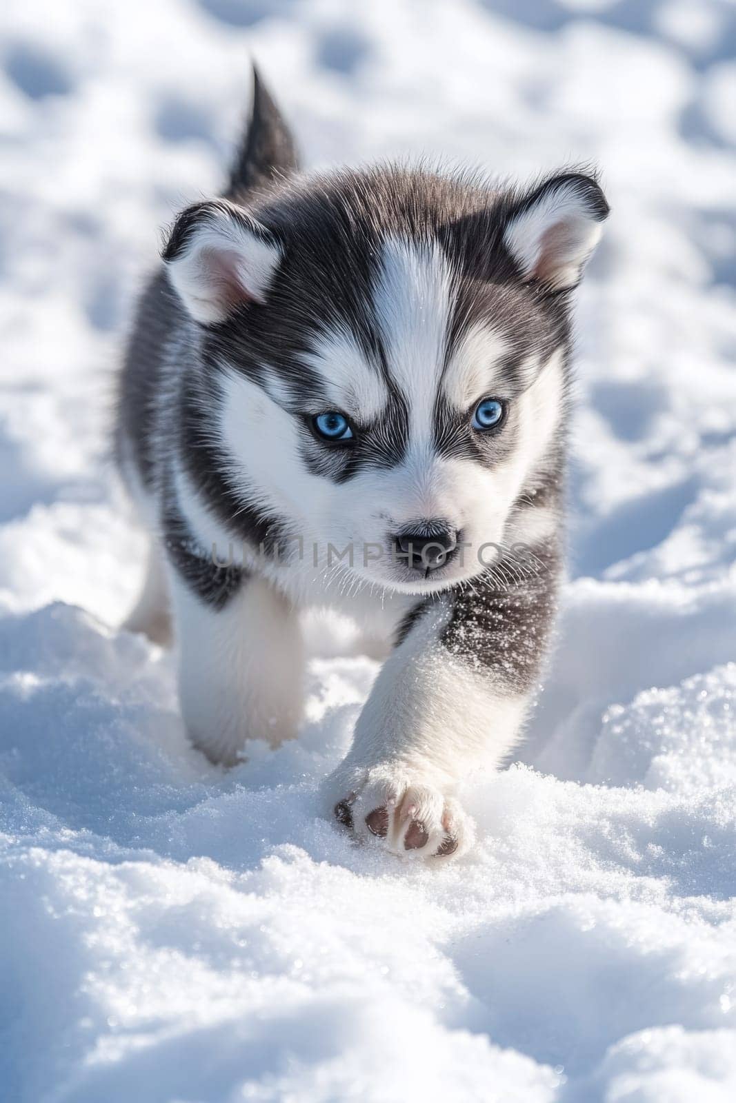 Siberian Husky puppy jumping and running in the snow in a winter field, Generative AI, animals