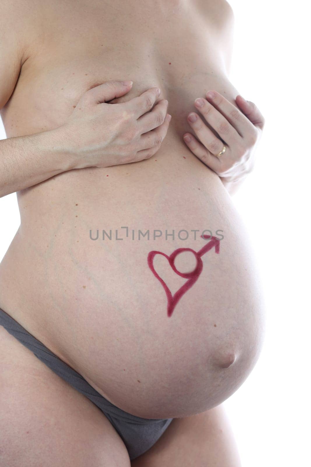 Details of a belly during pregnancy with text isolated on white background.