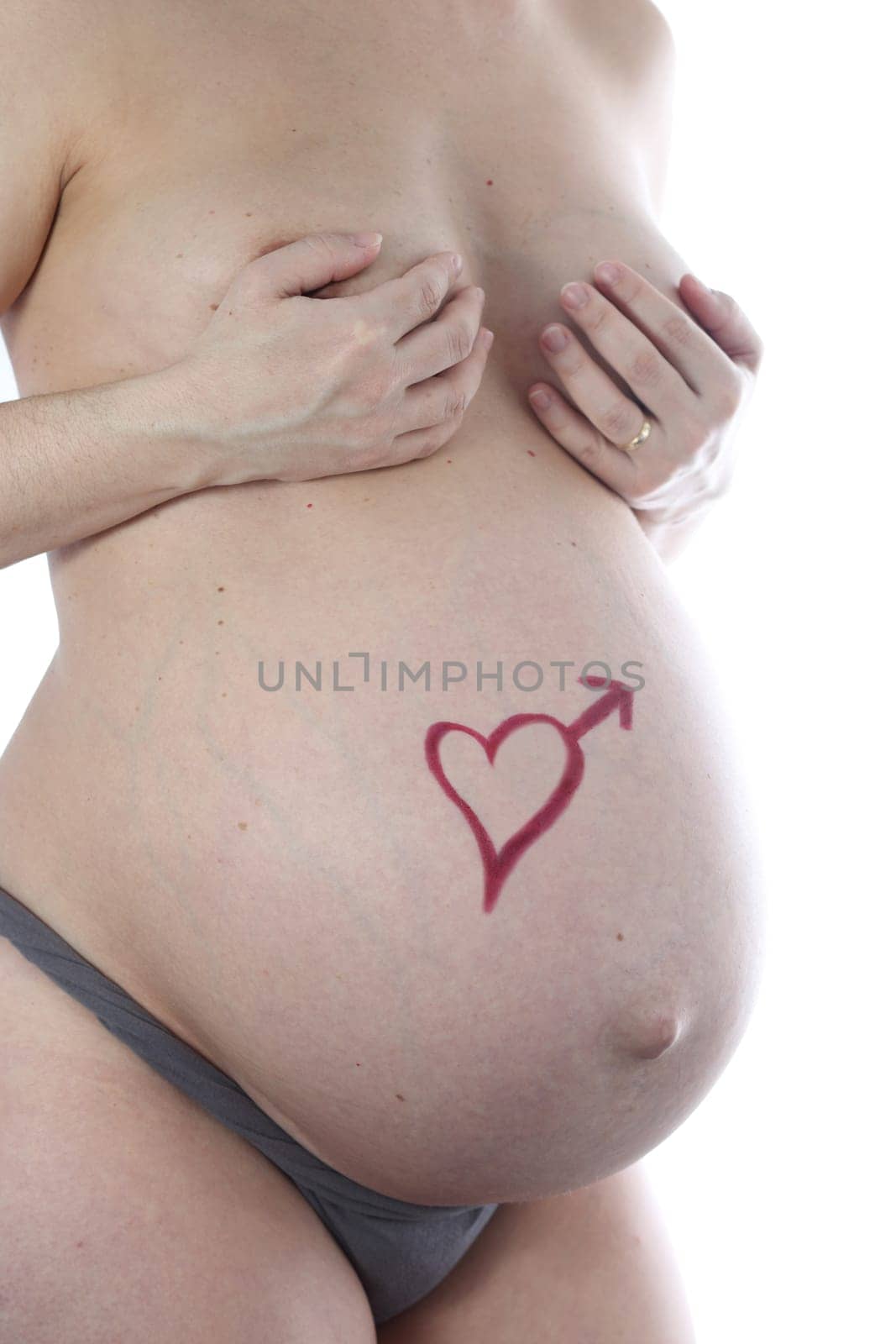 Details of a belly during pregnancy with text isolated on white background.