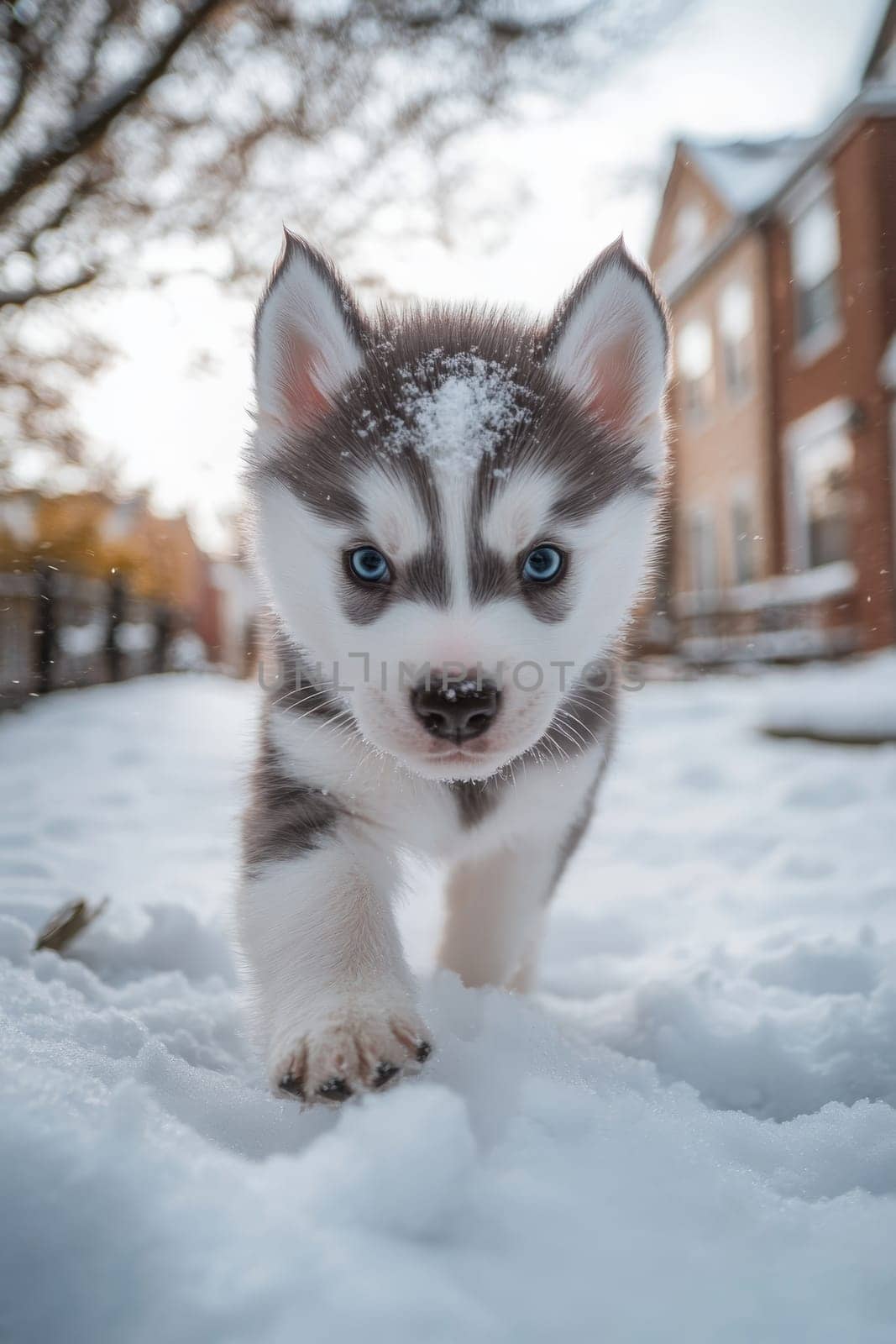 Siberian Husky puppy jumping and running in the snow in a winter field, Generative AI, animals