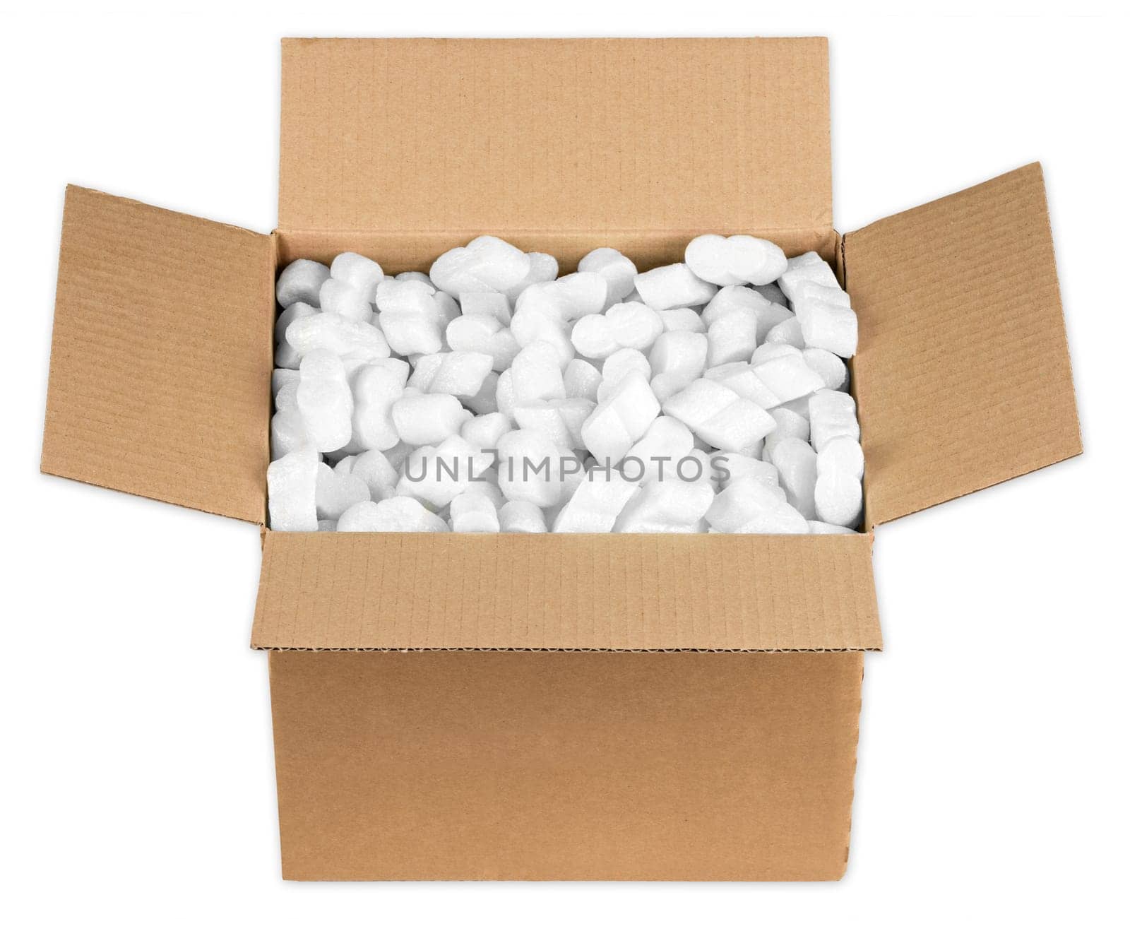 Open package with polystyrene flakes