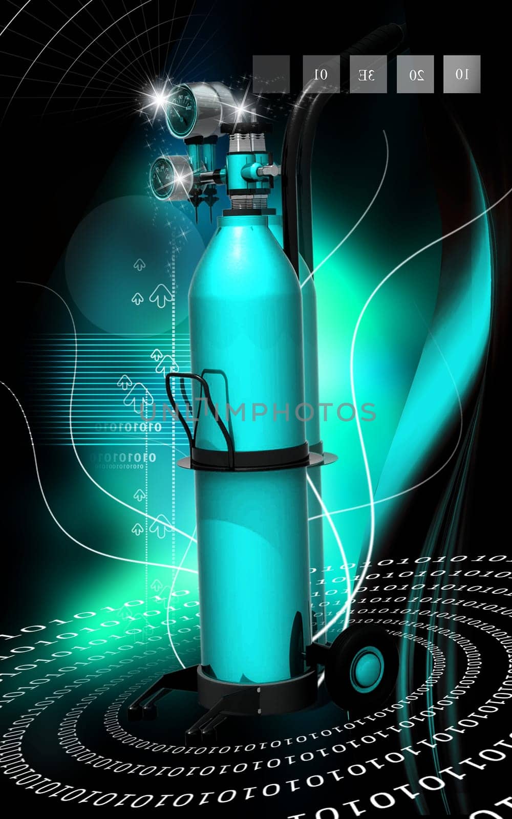 Digital illustration of oxygen cylinder in colour background
