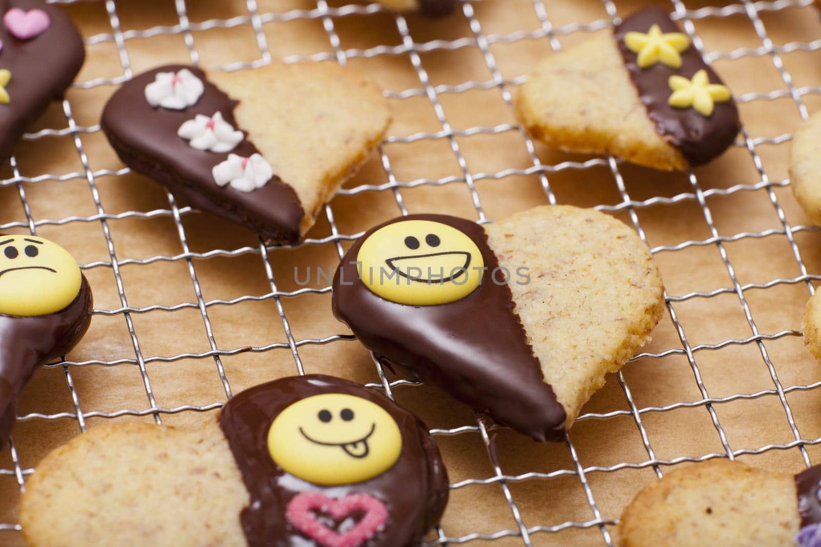 Close-up cookies with smiley sugar décor