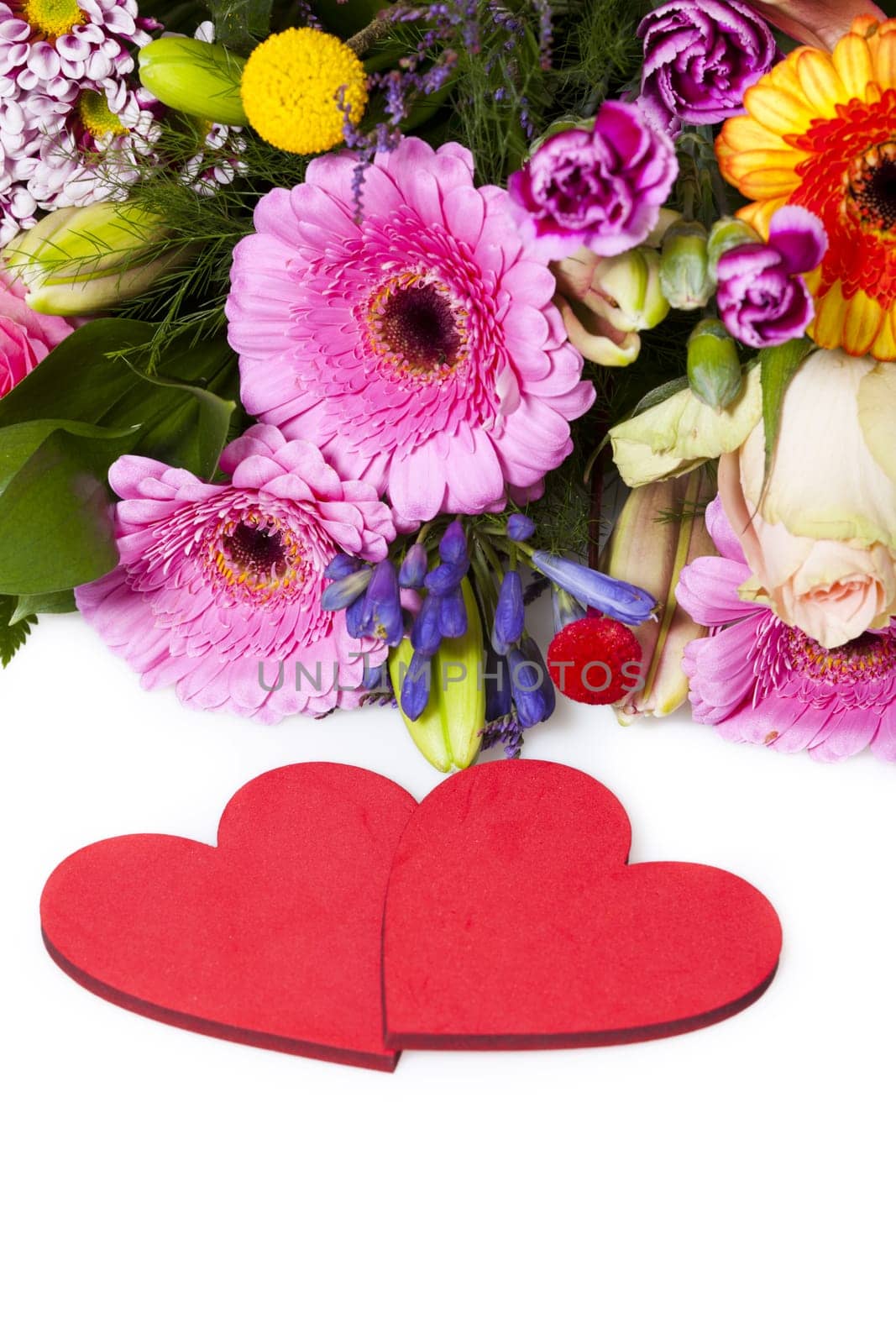 Flower greetings with two red hearts