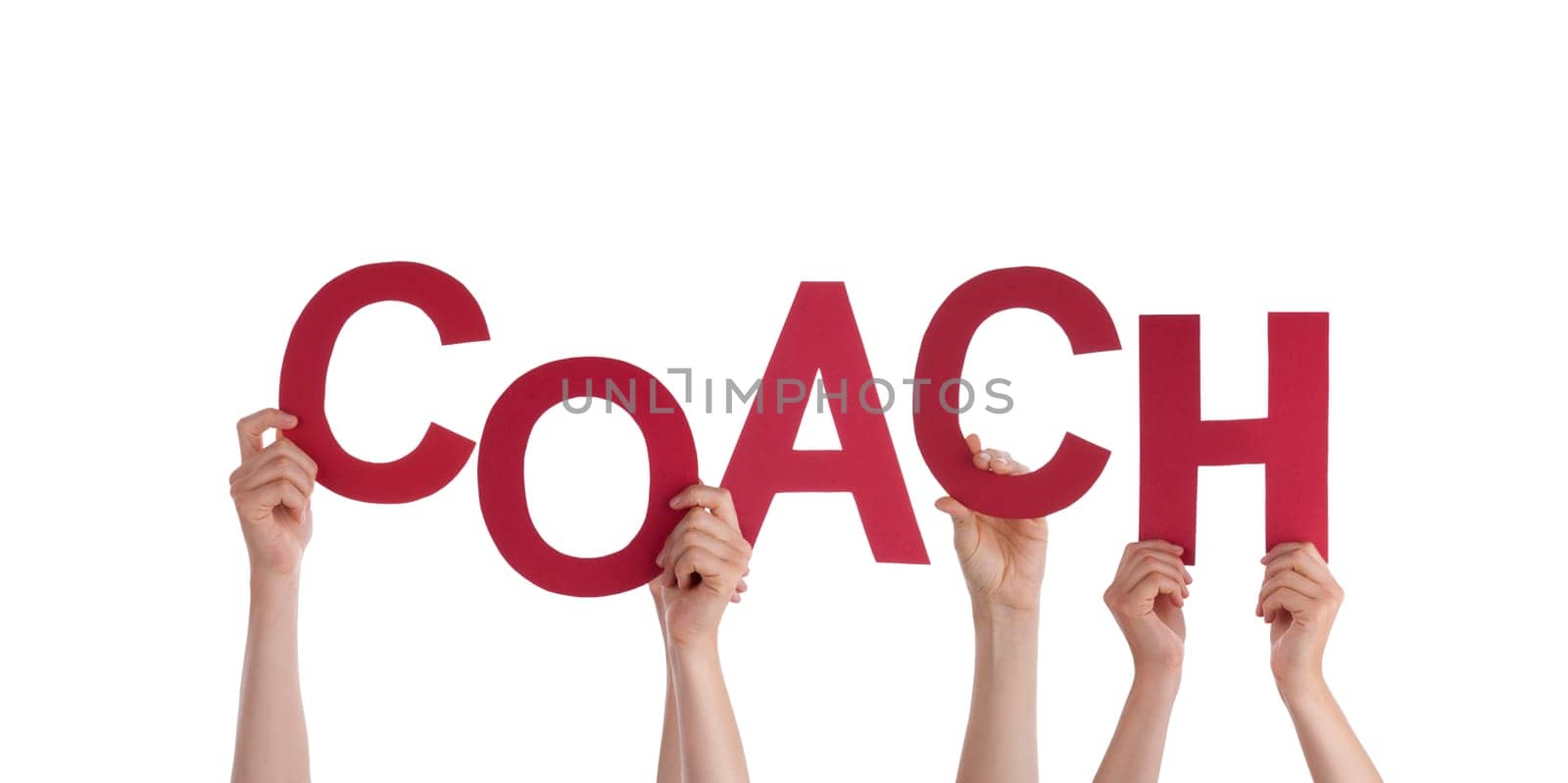 Many Hands Holding the Word Coach, Isolated