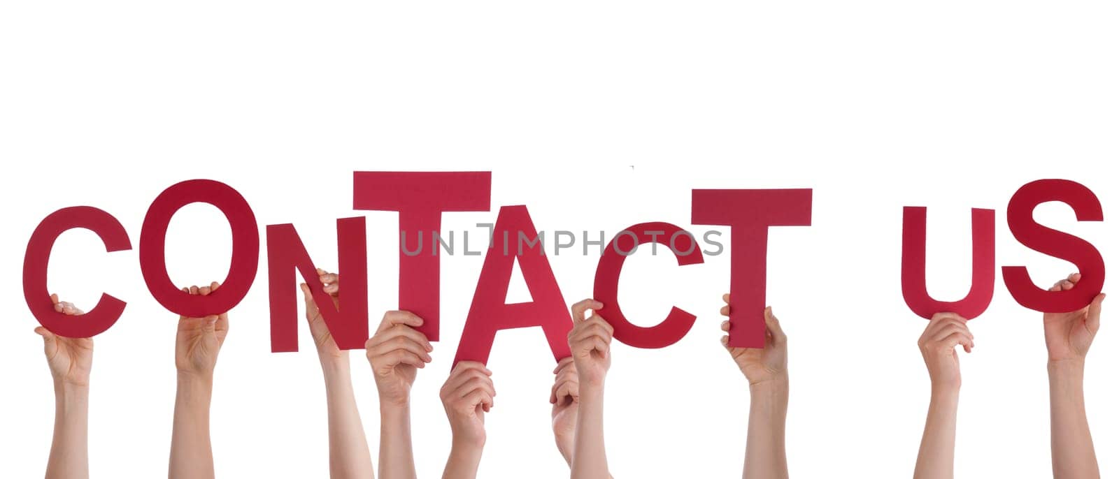 Many Hands Holding the Red Words Contact Us, Isolated