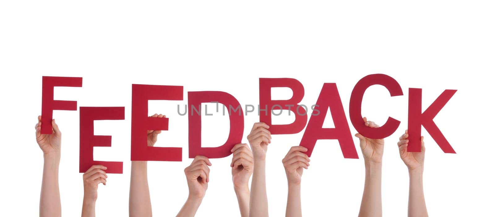 Many Hands Holding the Red Word Feedback, Isolated