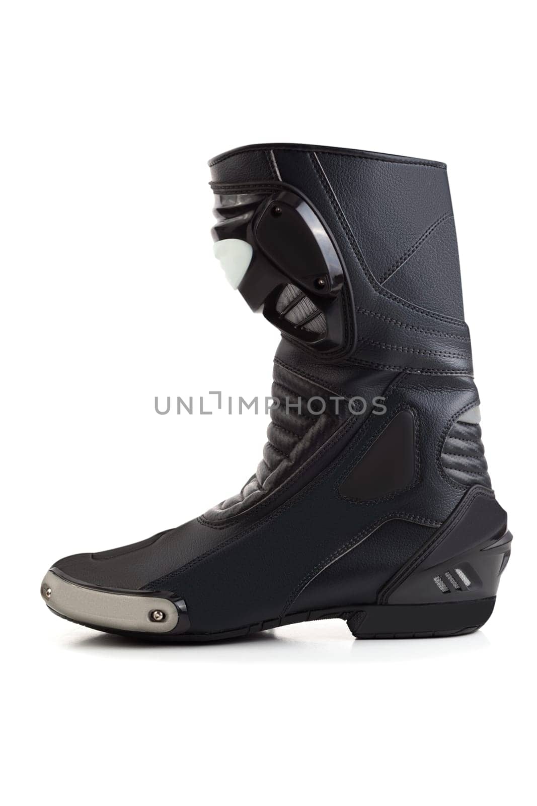 Black sportbike racing boot with carbon fiber isolated on white
