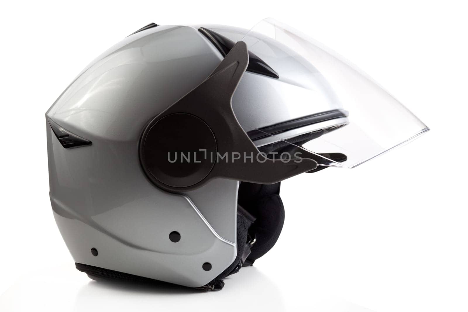 Gray open face motorcycle helmet isolated on white