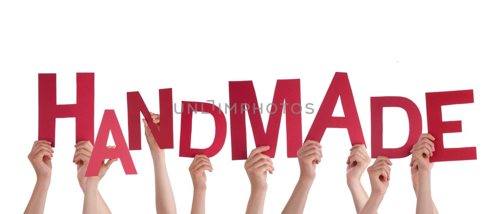 Many Hands Holding the Red Word Handmade, Isolated