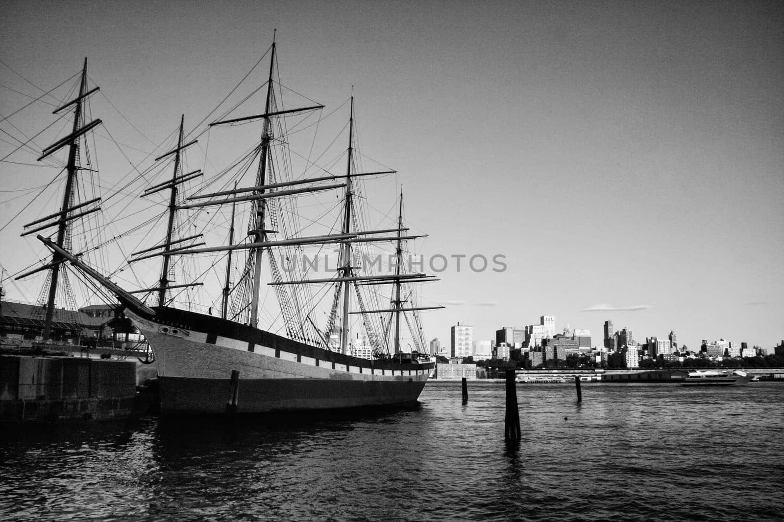 One of the last iron sailing ships to be built, the Wavertree is docked at the South Street Seaport museum on the East River, New York City.