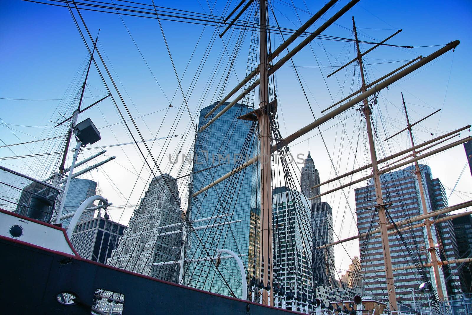 Old ships at tower Manhattan in South Street Seaport