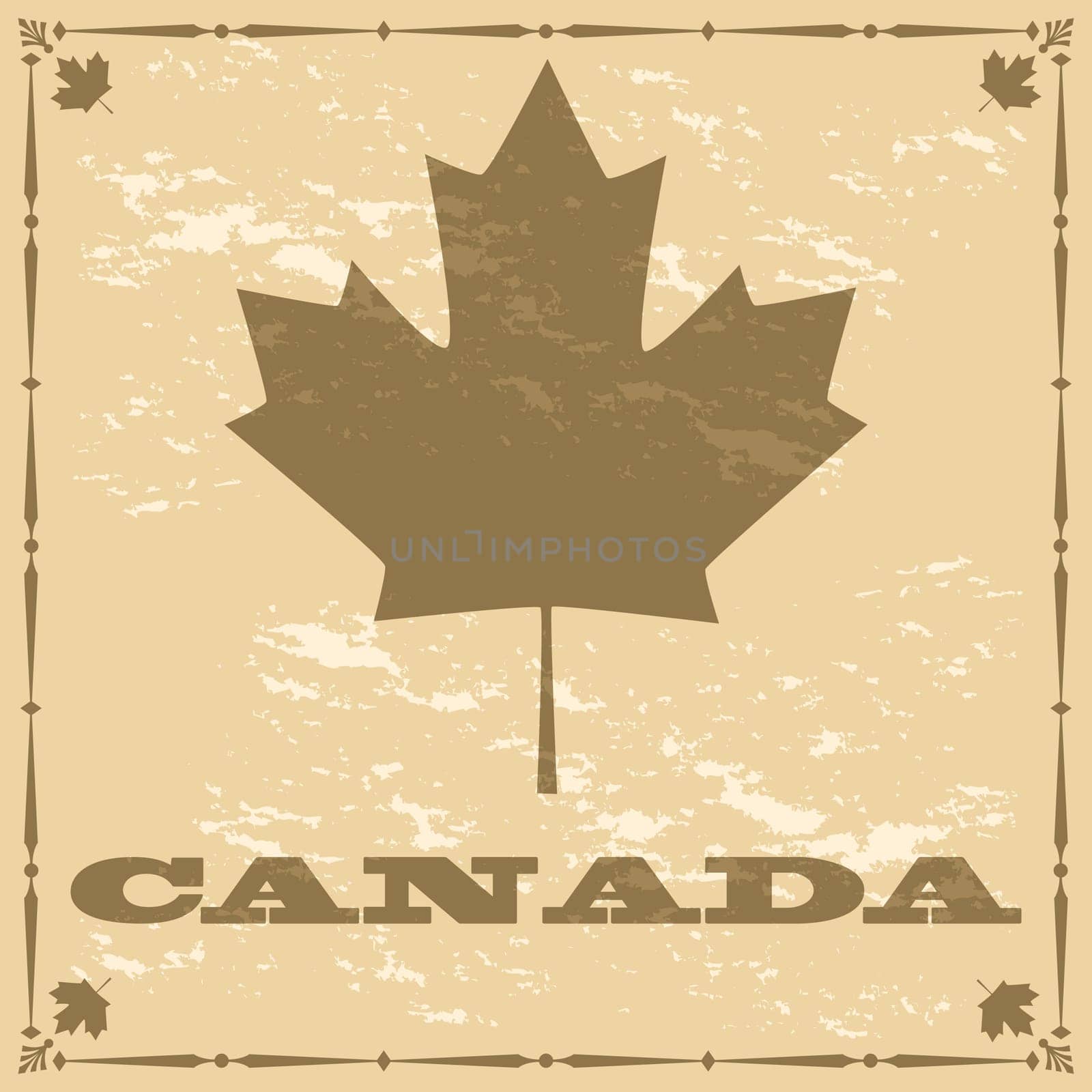 Concept illustration showing a Canadian maple leaf on a brown old-style looking piece of paper