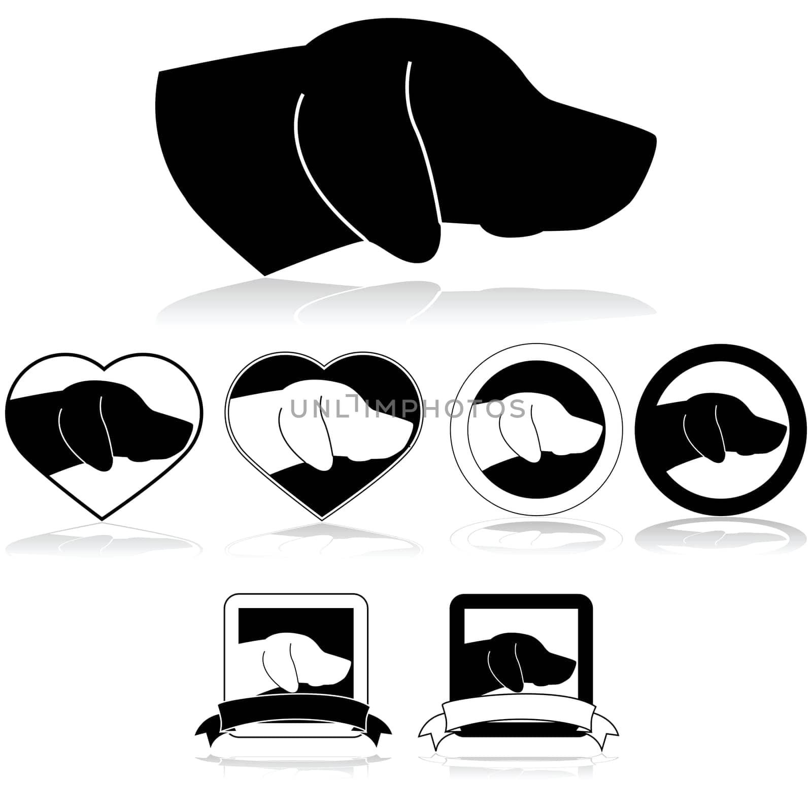 Set of icons showing a dog head inside different sign shapes