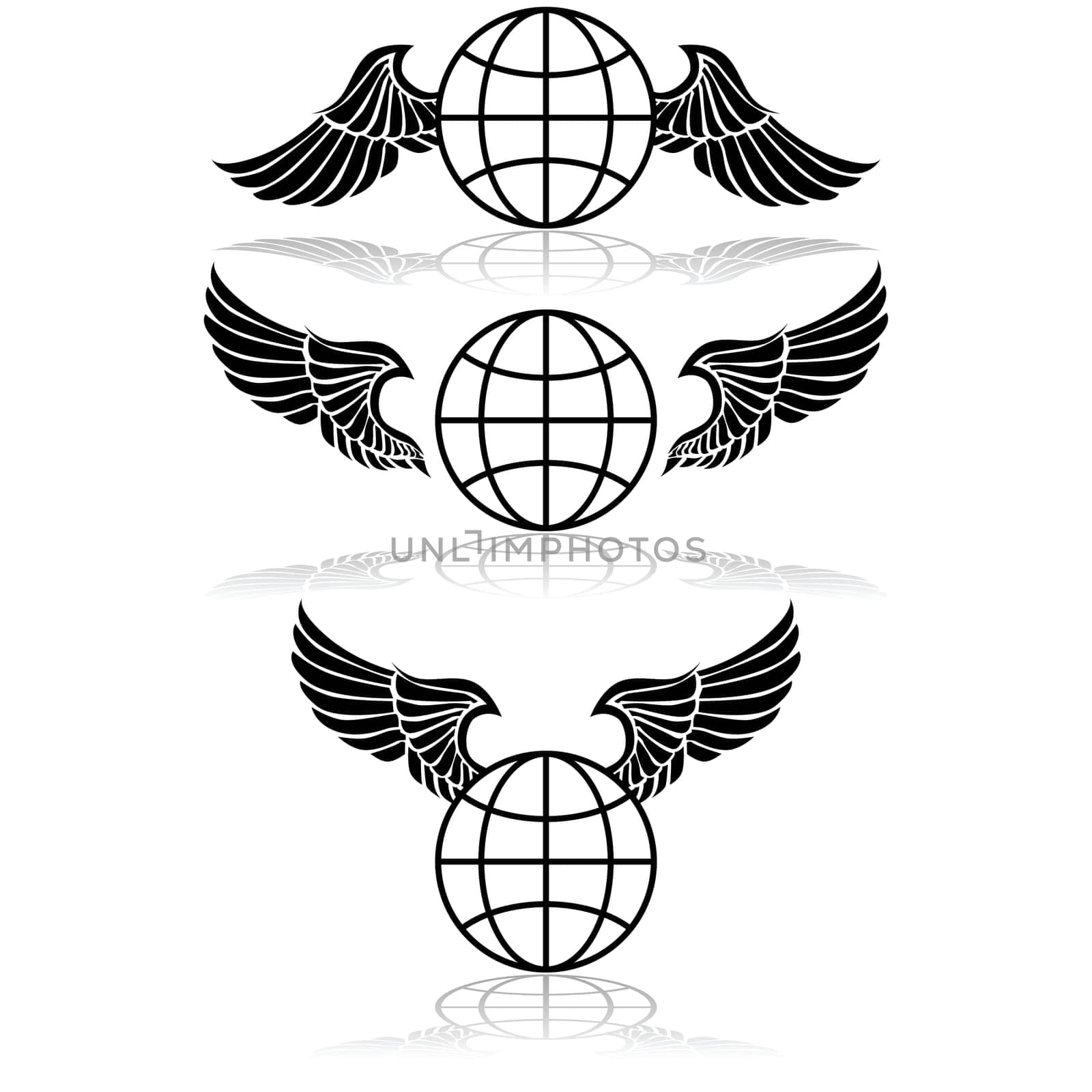 Concept illustration showing a world globe with wings beside it in different angles and positions
