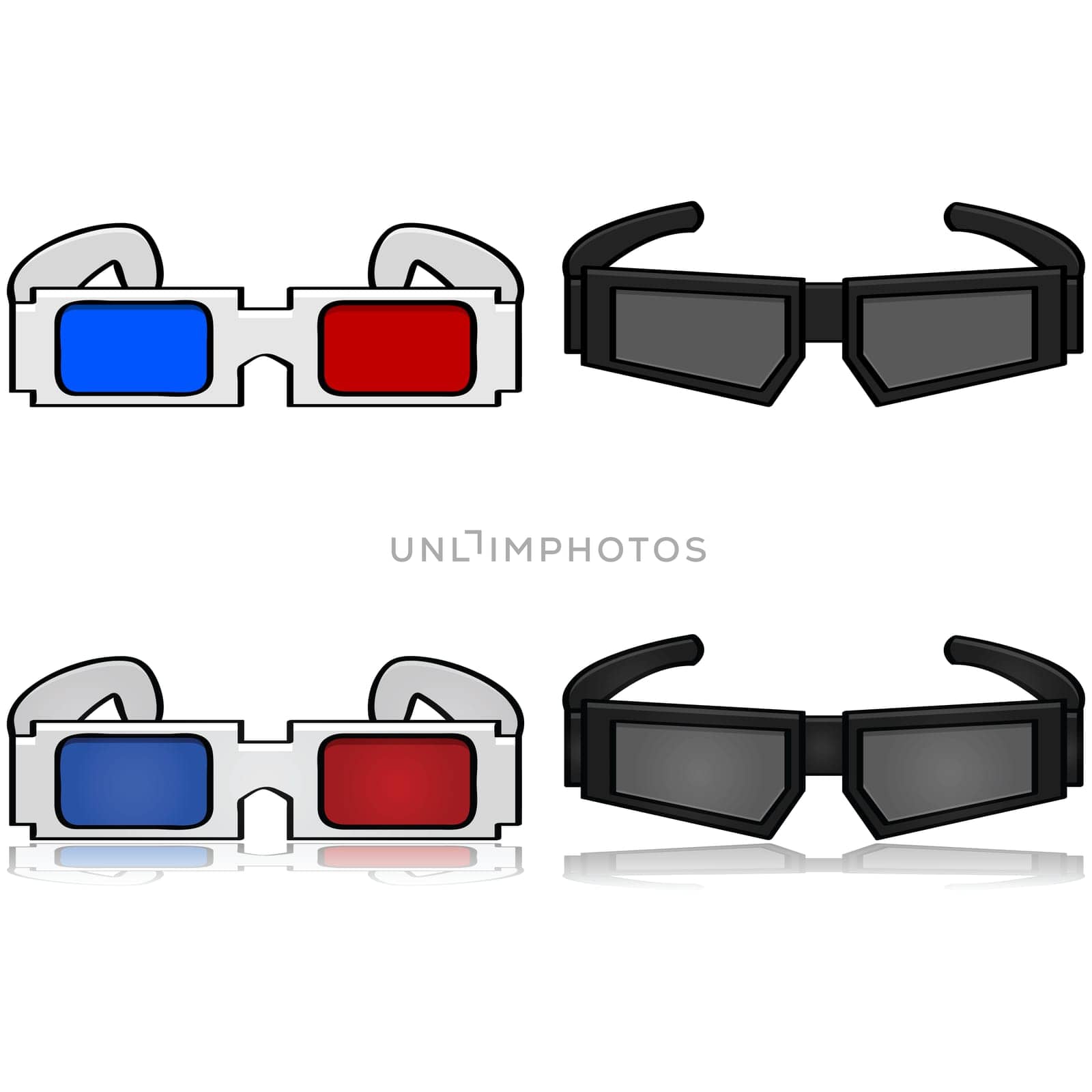 Cartoon illustration showing old and new versions of 3D glasses