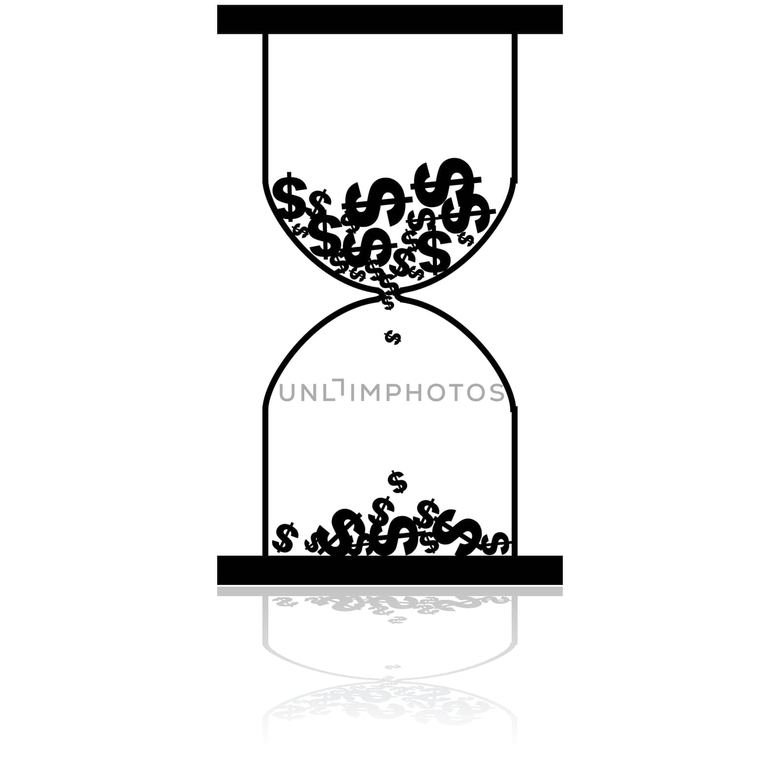 Concept illustration showing an hourglass with dollar icons flowing from the top to the bottom part of it like sand