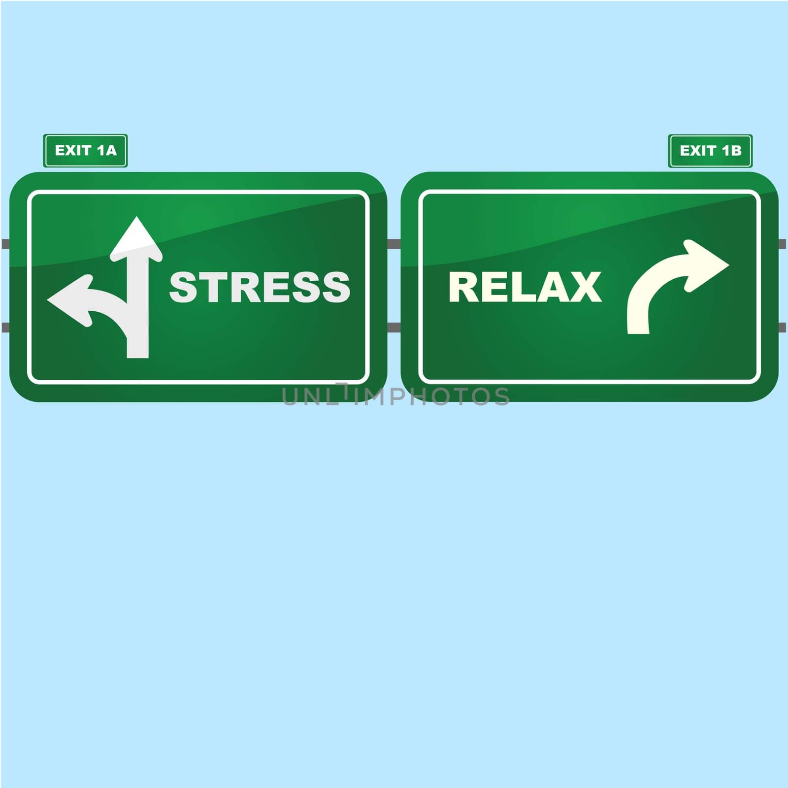 Concept illustration showing highway road signs with exist to stress and relax situations