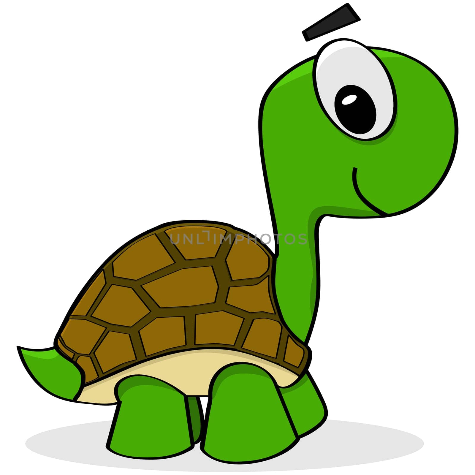 Cartoon illustration showing a happy green and brown turtle walking