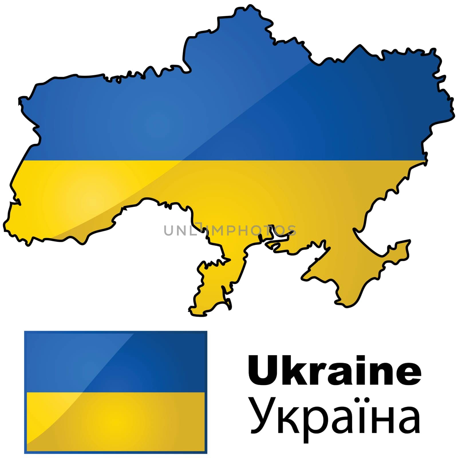 Glossy flag of Ukraine placed on top of the country's map