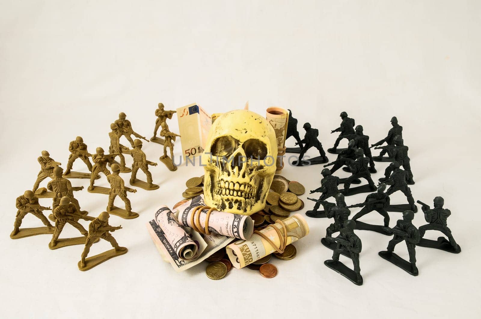 Plastic Lead Soldiers Representing War on a White Background