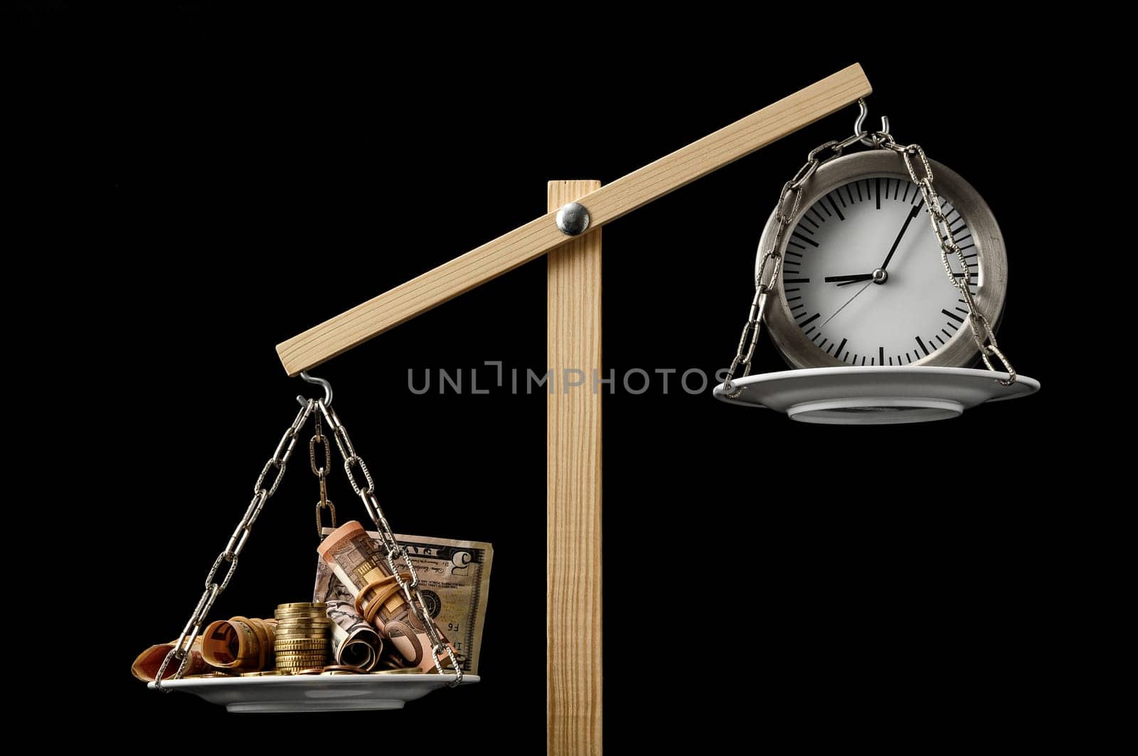 Time is Money Concept Clock and Currency on a Two Pan Balance
