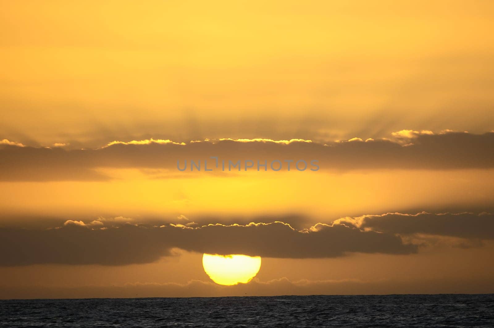 Big Orange Hard Sun at Sunset in the Ocean Canary Island Spain