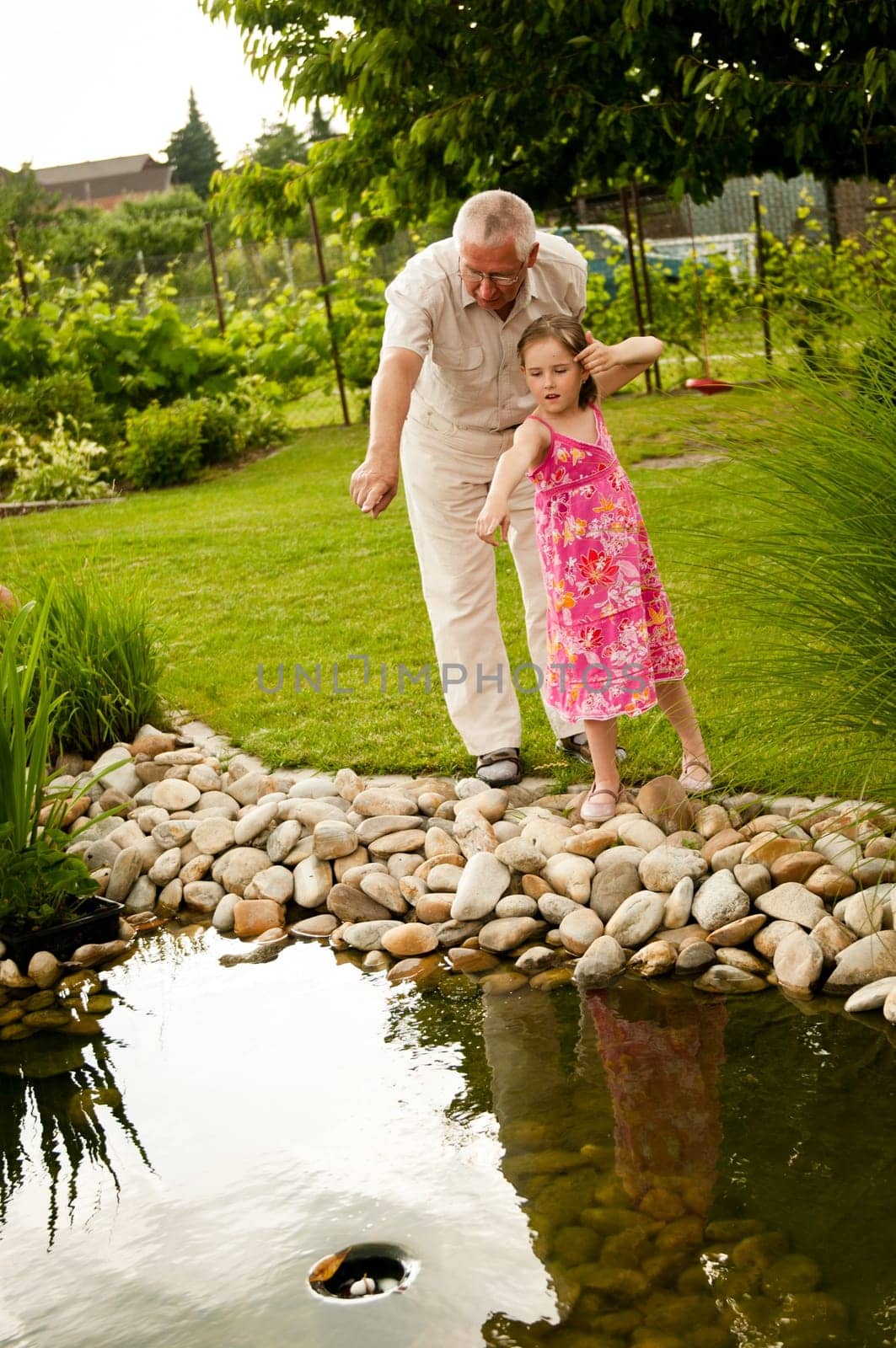 Senior man (grandfather) showing grandchilld fish in garden pond