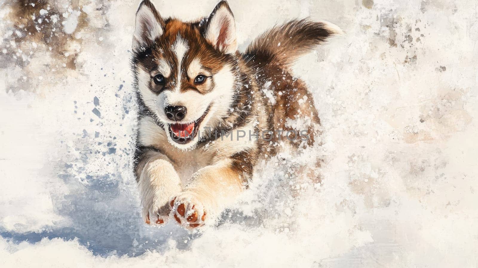 Siberian Husky puppy jumping and running in the snow in a winter field, Generative AI, animals