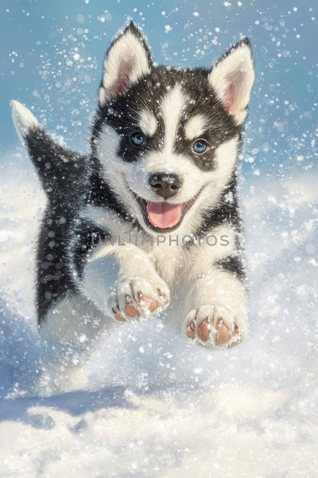 Siberian Husky puppy jumping and running in the snow in a winter field, Generative AI, animals