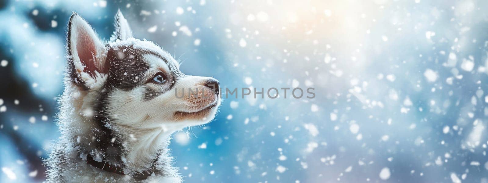 Siberian Husky puppy jumping and running in the snow in a winter field, Generative AI, animals