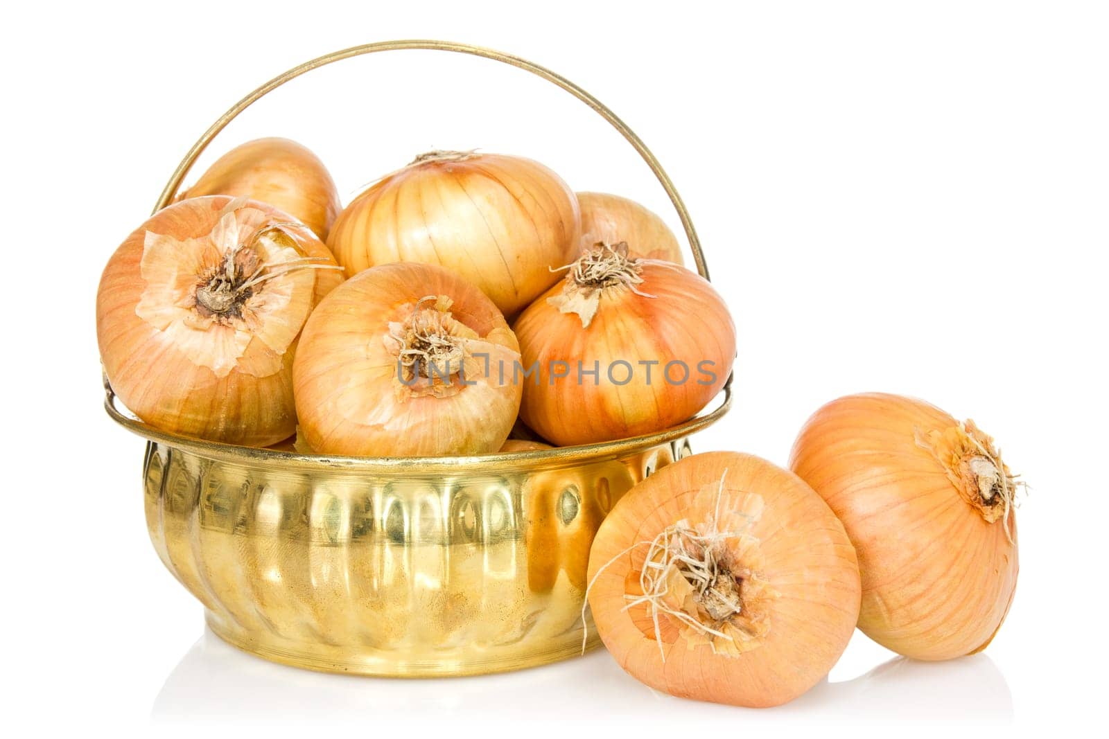 Onion fruits in the golden pot. Isolated on white background.